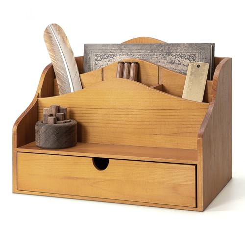 Rebee Vision Mail Organizer for Desk with 4-Slot Letter Office Decor,Yellow | Pine Wood, Rustic Countertop Organizer, Drawer and Dividers, Store Jewelry, File, Small Item Storage, Home Decor Aesthetic - color: A-Yellow