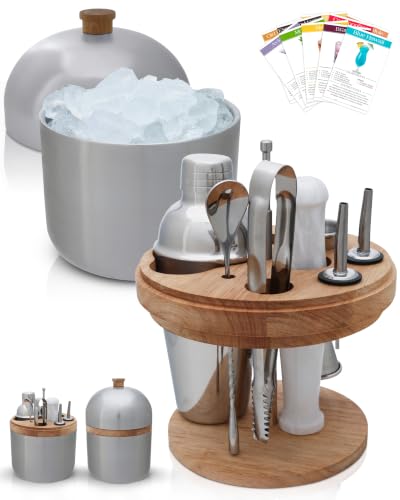 Gusto Nostro Cocktail Set Bartender Kit with Stainless Steel Ice Bucket - Complete Mixology Bar Tool Set with Wooden Organizer, Cocktail Shaker, Jigger, Muddler, Spoon, Tongs, Pourers, Recipe Cards - color: Silver (3.6 qt + Barware)