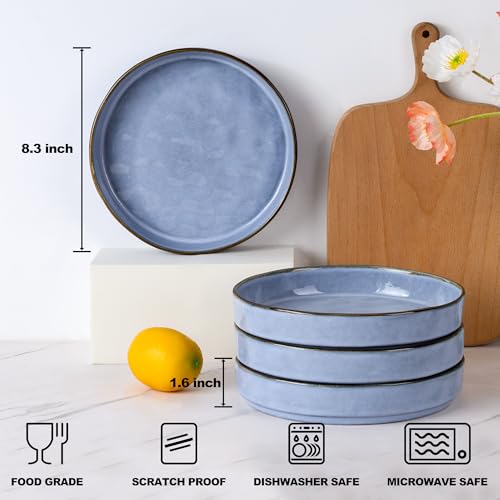 E-far Pasta Bowls Set of 4, 30oz Shallow Salad Bowls for Dinner Serving, 8.25" Stoneware Ceramic Bowl Plates for Noodle Soup, Microwave & Dishwasher Safe, Reactive Glaze, Blue - color: Blue