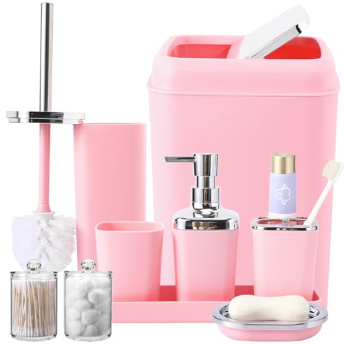 XLHOMO Bathroom Set, 9PC Bathroom Accessory Set, Pink Bathroom Accessories, Pink Bathroom Set, Trash Can, Soap Dispenser for Home Decor - color: Pink, size: Bathroom Set