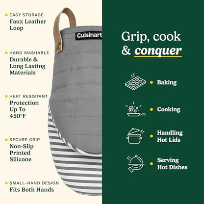 Cuisinart Mini Oven Mitts, 2-Pack 5.5"x8", Printed Silicone, 450F | Non-slip grip stripes, faux leather hang loop, cotton lining for comfort, ambidextrous for baking, cooking, and cast iron - color: Charcoal