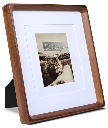 11x14 Picture Frame with Mat for 5x7/8x10, USA-Sourced Natural Walnut Wood Handcrafted Rounded Corner with Real Glass, Vertical or Horizontal Display Photo Gallery Wall & Tabletop Frame - color: Walnut, size: 11x14 Matted to 5x7/8x10