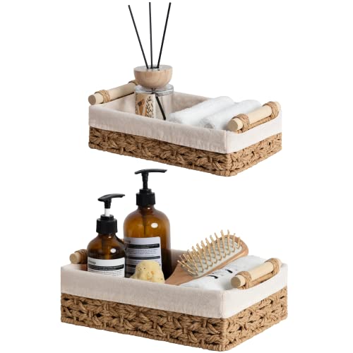StorageWorks Bathroom Basket Organizer, Toilet Paper Basket with Liner | Small Wicker Bathroom Baskets for Organizing Paper Rope Bathroom Storage Baskets for Shelf, Countertop, Light Brown, Set of 2 - color: Light Brown, size: 12"L x 7¾"W x 3¼"H + 10¼"L x