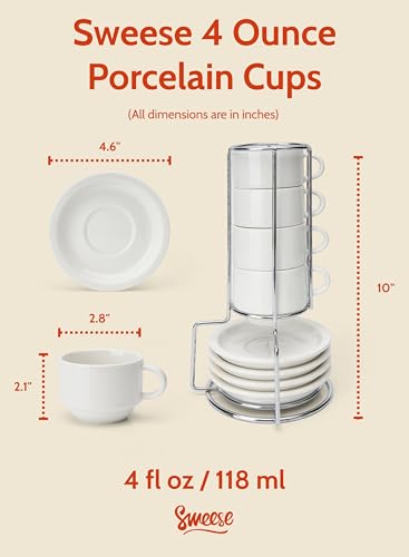 Sweese Porcelain Espresso Cups Set, 4 oz Stackable Cups with Saucers Metal Stand, Set of 4, White - color: White, size: 4 Ounces