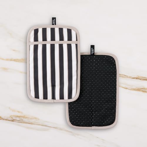 kate spade new york Botanical Stripe Pot Holder 2-Pack Set, 7" x 10", Black/Beige - color: Black/Beige