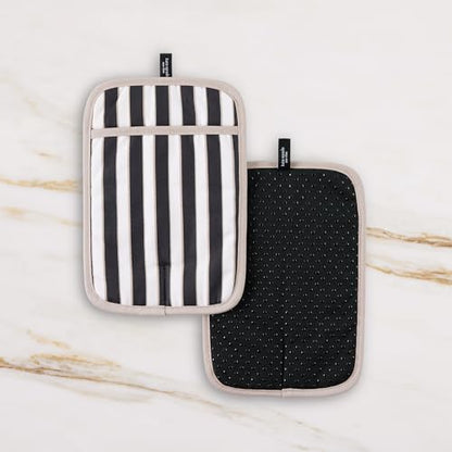 kate spade new york Botanical Stripe Pot Holder 2-Pack Set, 7" x 10", Black/Beige - color: Black/Beige
