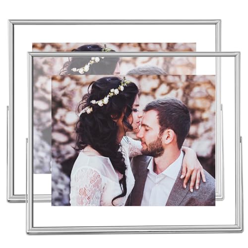8x10 Floating Picture Frames Set of 2, Made of Metal and Double Real Glass, for Photo Size up to 10x12, Tabletop Display Home or Wedding Decoration (Horizontal Silver) - color: Silver (Horizontal), size: 10x12 for 8x10 (2 Pcs)
