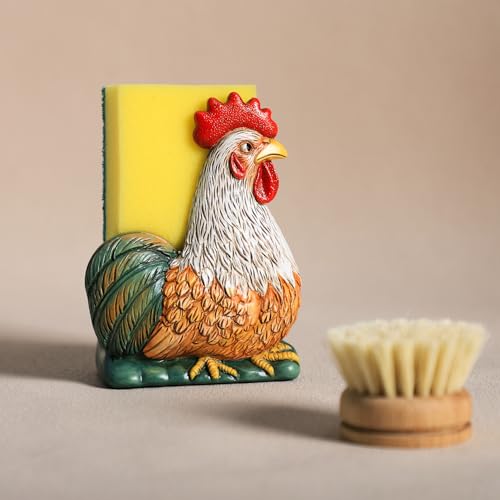 Resin Retro Rooster Shape Sponge Holder for Kitchen Sink, Compact Sink Caddy Organizer, Scouring Pad and Dish Sponge Holder, B
