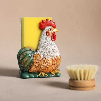 Resin Retro Rooster Shape Sponge Holder for Kitchen Sink, Compact Sink Caddy Organizer, Scouring Pad and Dish Sponge Holder, B