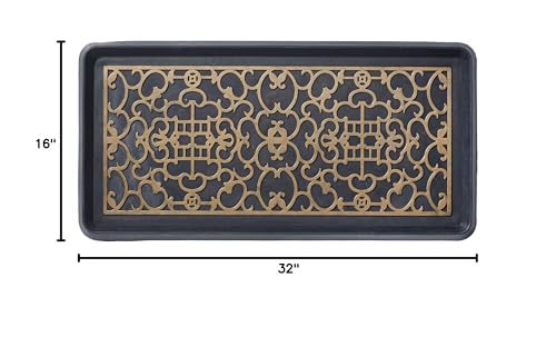 HF by LT Asian Screen Rubber Boot Tray, 32 x 16 inches, One-Piece Seamless Construction, Durable Vulcanized Rubber, Year Round Use Indoors or Outdoors, Black with Antique Bronze Finish - color: Asian Screen