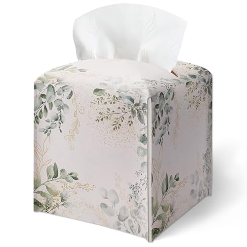 Tissue Box Cover, Watercolor Greenery Prints Tissue Box Cover Square-Waterproof Leather, Desktop Decor for Living Room Office, Aesthetic Home Decor, Gift for Women & Friend, 5 x 5 Inches-A07 - color: Watercolor Greenery Prints