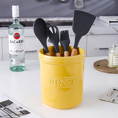 KOOV Cooking Utensil Holder, Large Ceramic Utensil Crock, Deep and Stable, Utensil Caddy for Countertop Letter Series (Yellow) - color: Yellow
