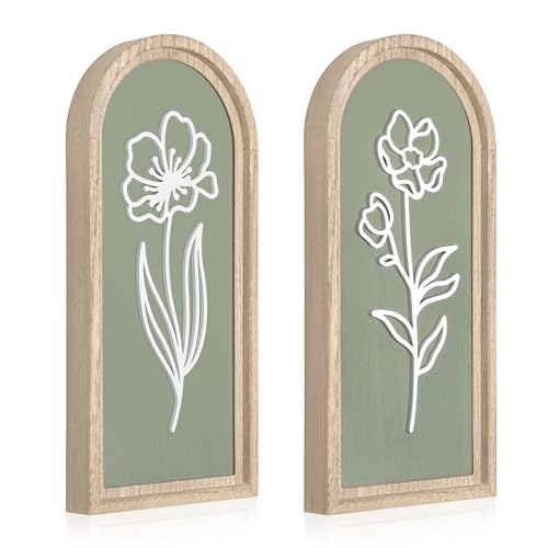 Sage Green 3D Wooden Floral Wall Art Set of 2, Arched Bathroom Wall Decor | Raised white floral cutouts in arched wood frames; ready-to-hang boho botanical decor for bedrooms, hallways and entryways - color: Sage-2 Arch