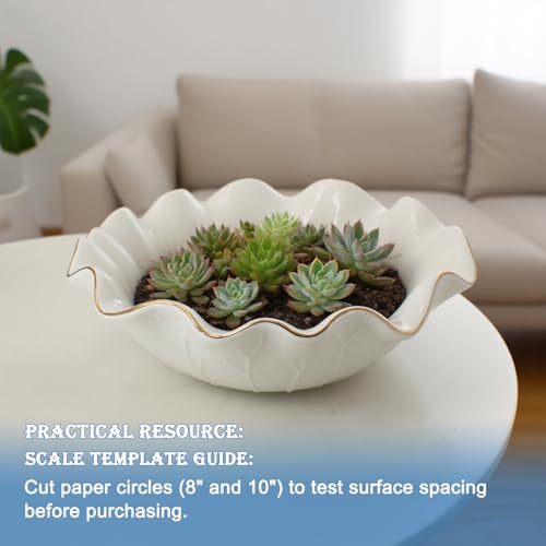 10" Large White Ruffle Lotus Design with Gold Trim Ceramic Fruit Bowl, Shallow Decorative Leaf Floral Bowl for Coffee Table Kitchen Counter and Home Decor Approx Capacity 45 fl oz - size: 10"