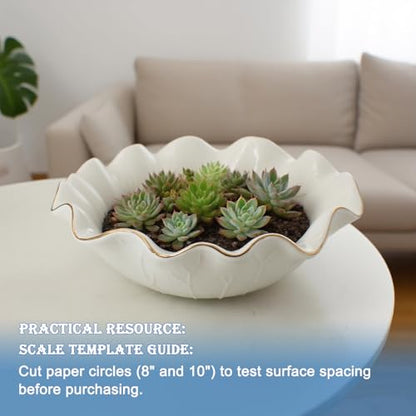 10" Large White Ruffle Lotus Design with Gold Trim Ceramic Fruit Bowl, Shallow Decorative Leaf Floral Bowl for Coffee Table Kitchen Counter and Home Decor Approx Capacity 45 fl oz - size: 10"