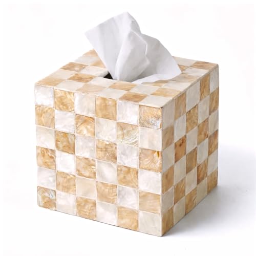 5.5" Tissue Box Cover Square, Capiz Shell Tissue Holder, Ivory | Bottom Slider, Checkerboard Cube Tissue Box Holder For Kleenex, Neutral Beige Square Tissue Box Cover Bathroom, Coffee Table - color: Ivory