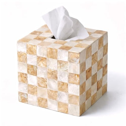 5.5" Tissue Box Cover Square, Capiz Shell Tissue Holder, Ivory | Bottom Slider, Checkerboard Cube Tissue Box Holder For Kleenex, Neutral Beige Square Tissue Box Cover Bathroom, Coffee Table - color: Ivory
