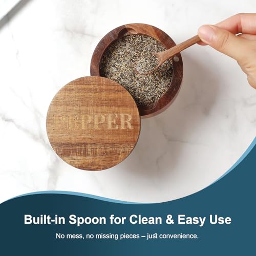 PEPPER Cellar, Acacia Wood Salt Container with Built-in Spoon & Swivel Lid, Engraved PEPPER Box, Salt Holder Bowl for Countertop Seasoning Storage - color: Acacia Wood PEPPER Cellar