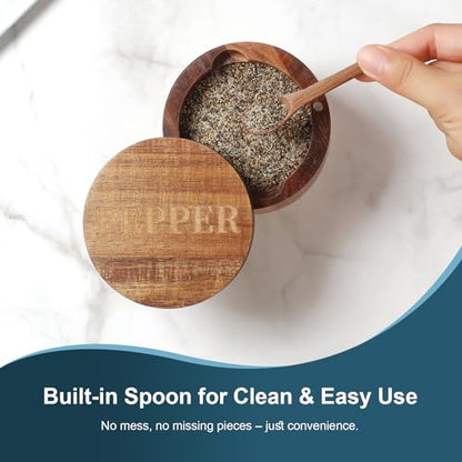 PEPPER Cellar, Acacia Wood Salt Container with Built-in Spoon & Swivel Lid, Engraved PEPPER Box, Salt Holder Bowl for Countertop Seasoning Storage - color: Acacia Wood PEPPER Cellar
