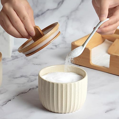Salt Cellar Keeper with Bamboo Lid, 14oz Big Capacity Ceramic Sugar Bowls Pepper Box, Crackle Glaze Seasoning Container Condiment Pot for Kitchen, (Cream Color), 4″×4″ - color: Cream