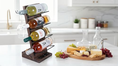 Rueda Tabletop Wine Rack for 4 Bottles with 2 Stemware Glass Holder and Cork Storage Countertop Tray Freestanding Bar Organizer, Walnut