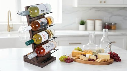 Rueda Tabletop Wine Rack for 4 Bottles with 2 Stemware Glass Holder and Cork Storage Countertop Tray Freestanding Bar Organizer, Walnut