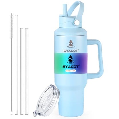 40 oz Tumbler with Handle and Straw or Convert to 40 oz Insulated Water Bottle Fits in Cup Holder. Stainless Steel Metal Water Flask with 2 Lids for Travel,Camping,Gym Sports Coffee Mug Thermal Cup - color: Blue Haze