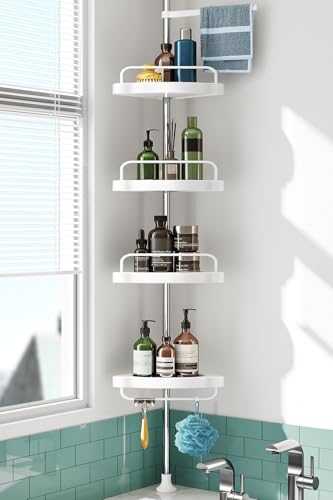 Corner Shower Caddy Tension Pole: Rust Proof 4Tier Shampoo Storage Organizer for Inside Shower - Telescoping Rod Shower Rack for Bathroom and Bathtub - Restroom Floor Standing Bath Rack Holder