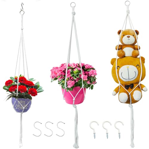 Macrame Plant Hangers Planter Flower Pots Holder 3 Pack Basket Stand Tassels with 6 Hooks Kit Cotton Rope for Decorative Indoor Outdoor Patio Garden Boho Home Décor (POTS NOT Included) (WHITE) - color: White