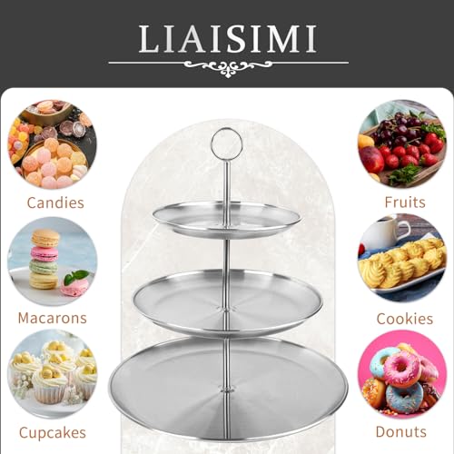 3 Tier Silver Cupcake Stand Stainless Steel Dessert Display Rack with Removable Tiered Tray for Parties,Weddings,Birthdays,Decorations,Any Festivals and Festivities(Stainless Steel Pole)