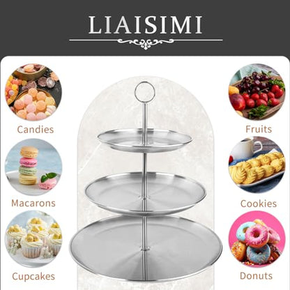 3 Tier Silver Cupcake Stand Stainless Steel Dessert Display Rack with Removable Tiered Tray for Parties,Weddings,Birthdays,Decorations,Any Festivals and Festivities(Stainless Steel Pole)
