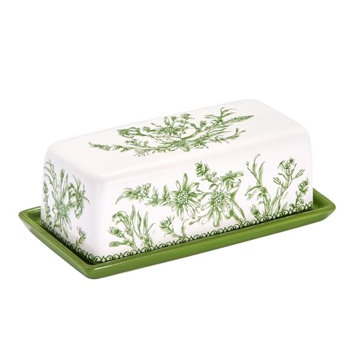 Bico Green Garden Toile De Jouy Ceramic Butter Dish with Lid, Wide Butter Keeper for Counter, Kitchen Countertop, Microwave and Dishwasher Safe - color: Green Garden Toile De Jouy