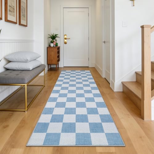 GarveeHome Checkered Blue 2x6 Washable Kitchen Runner Rug Low-Pile Entryway | Light Blue Small Area Rug for Hallway Bedroom Bathroom Non-Slip Stain Resistant Geometric Rugs TPE Backing - color: Light Blue, size: 2' x 6' (Rectangular)