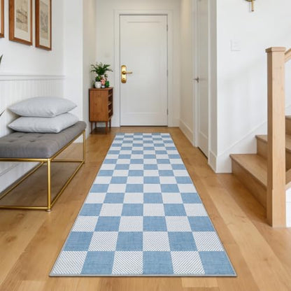 GarveeHome Checkered Blue 2x6 Washable Kitchen Runner Rug Low-Pile Entryway | Light Blue Small Area Rug for Hallway Bedroom Bathroom Non-Slip Stain Resistant Geometric Rugs TPE Backing - color: Light Blue, size: 2' x 6' (Rectangular)