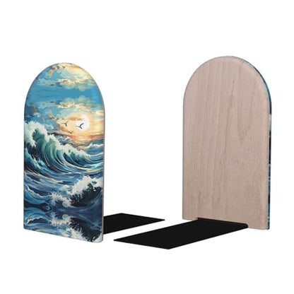 Wave Sailboat Seagull Wooden Bookends - Office Book Storage Rack, Non-Slip, Suitable for Study Room, Classroom and Library