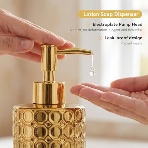 Gold Ceramic Bathroom Accessories Set, 4 Piece, Honeycomb Design with Soap Dispenser Pump, Tumbler, Toothbrush Holder, Soap Dish - color: Gold