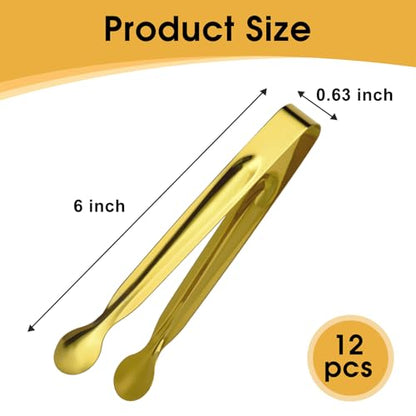 Mini Serving Tongs Set, 12 Gold Stainless Steel Tongs, 6.3 in for Sugar Cubes, Ice, Candy, Charcuterie, Coffee Bar - color: Gold
