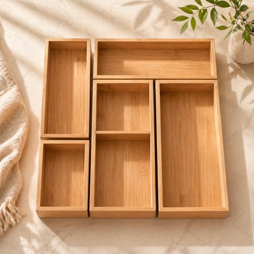 ABABIL Bamboo Drawer Organizer Set of 5, Wooden Storage Tray Inserts for Kitchen, Bathroom, Office, Makeup, Jewelry, Utensils, Desk Accessories and Vanity Drawers, Brown