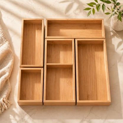 ABABIL Bamboo Drawer Organizer Set of 5, Wooden Storage Tray Inserts for Kitchen, Bathroom, Office, Makeup, Jewelry, Utensils, Desk Accessories and Vanity Drawers, Brown