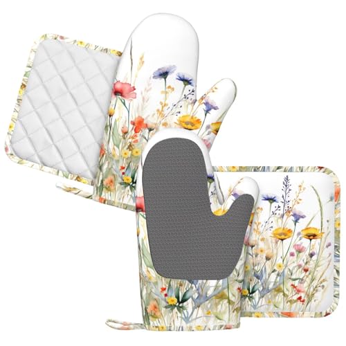 Wildflowers Oven Mitts and Pot Holders Sets for Kitchen Silicone Watercolor Flowers Oven Gloves Heat Resistant Blooming Flower Oven Mitts with 2 Non-Slip Pads Kitchen Gloves for Cooking - color: Red Blue