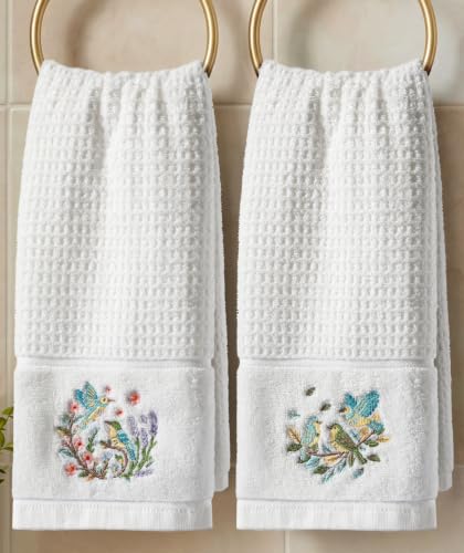 Cotton Embroidered Hand Towels for Bathroom Set of 2, Cottage Bird | Quick-Dry Waffle Weave, Terry Cloth, 16x26 Absorbent Decorative Towel, Cottagecore Decor for Kitchen, Guest Bath, Gifts - color: Cottage Birds