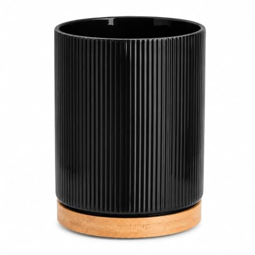 360° Rotating Kitchen Utensil Holder,Ceramic Utensil Holder for Countertop | Utensil Crock for Kitchen Counter with Rotatable Wooden Base,Ideal Housewarming Gift & Mothers Day Gift-Black - color: black