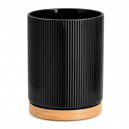 360° Rotating Kitchen Utensil Holder,Ceramic Utensil Holder for Countertop | Utensil Crock for Kitchen Counter with Rotatable Wooden Base,Ideal Housewarming Gift & Mothers Day Gift-Black - color: black