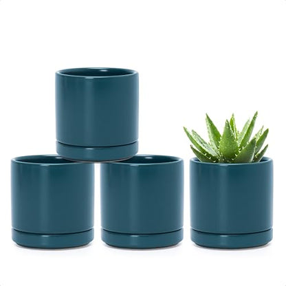 D'vine Dev 4-Pack Ceramic Pots with Saucers, Teal, 3.5 in, 94-X-A-9 | Glazed Ceramic, Drainage Hole and Saucer, Sleek Cylinder Shape, High Temperature Fired, Ideal for Small Houseplants - color: Teal, size: 3.5 Inch