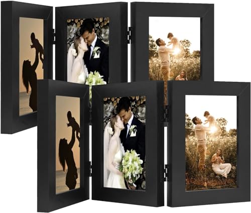 Golden State Art, 4x6 Triple Picture Frame Black- Real Glass, 2 Pack | Trifold Photo Frame Vertical Display for Desktop - Three Folding Picture Collage - color: Black, size: 4x6(2 Pack)