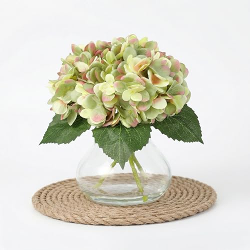 Garvee Green Faux Hydrangea Flowers with Glass Vase, Silk Artificial Flower Arrangement with Faux Water, Fake Flowers in Vase for Table Centerpieces, Shelf Bathroom Decor, Home & Wedding Decoration - color: Hydrangea Green