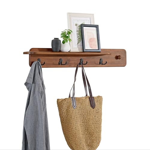 Calais Solid Wood Wall Mount Coat Rack with Shelf & 4 Coat Hooks, Chestnut | Mid Century Modern Wall Hooks with Shelf, Wood Coat Hanger with Rounded Corners, for Clothes, Jacket, Keys by Alaterre - color: Chestnut