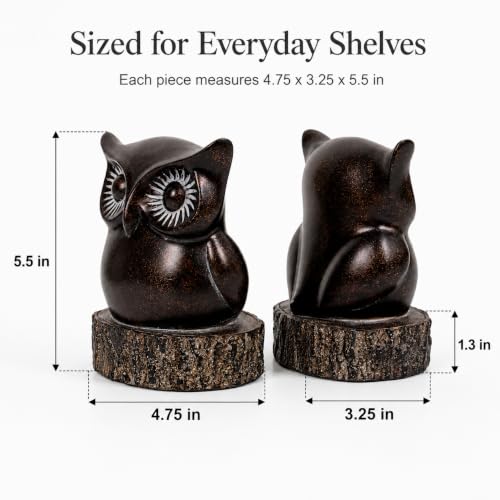 Owl Bookends for Shelves, Resin Book Ends Set of 2 | Anti-Slip Base, Antique Bronze Owl Design, Office Bookshelf Decor - style: Whimsical