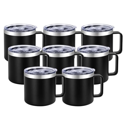 VEGOND 14 oz Insulated Coffee Mug Bulk with Handle, Stainless Steel Travel Coffee Mug with Lid, Double Wall Vacuum Metal Coffee Cup, Coffee Tumbler Powder Coated, Black 8 Pack - color: Black, size: 14 Ounces (8 Pack)
