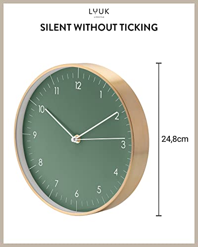 Modern Silent Quartz Wall Clock, 10in, Dark Green & Gold | Designed in Germany, Simple & Elegant, Non-ticking, Analog, Battery operated, Housewarming gift, for Living room, Bedroom - color: Dark Green, 10"
